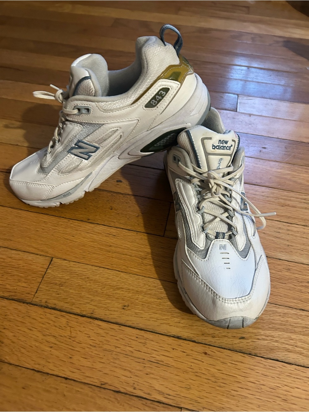 New Balance Men's 843 White Sneakers with Gray and Olive Accents